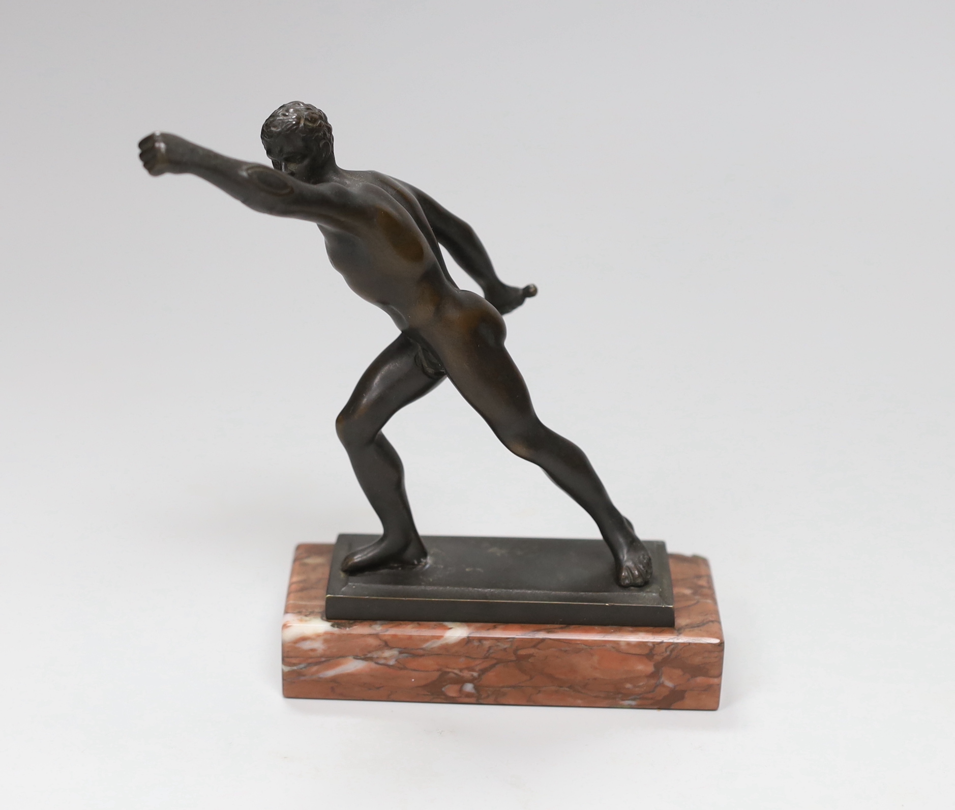 A bronze Borghese gladiator after the antique, on rouge marble plinth, 13.5cm high x 10cm wide